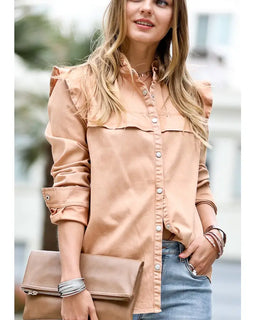 Stylish vintage washed out button down top in camel