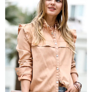 Stylish vintage washed out button down top in camel