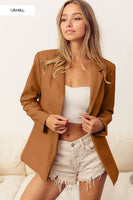This stunning blazer is on trend and comes in a gorgeous camel color