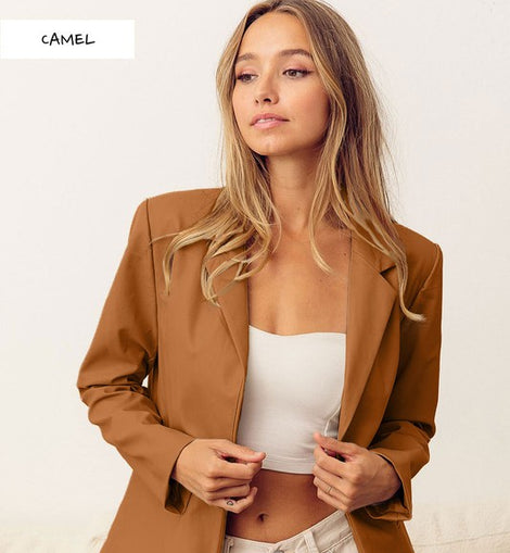 This stunning blazer is on trend and comes in a gorgeous camel color
