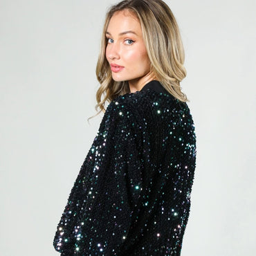 Black Sequin Bomber Jacket