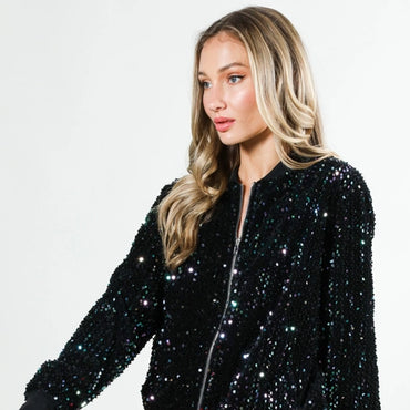 Black Sequin Bomber Jacket