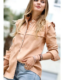 Stylish vintage washed out button down top in camel