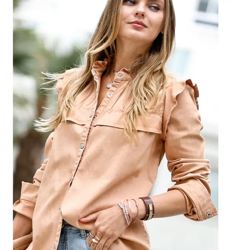 Stylish vintage washed out button down top in camel