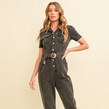 Washed Black Denim Jumpsuit