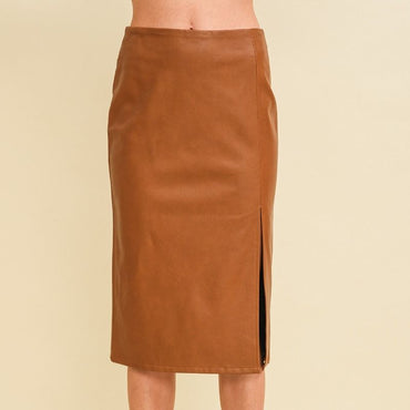 Faux Leather Midi Skirt in Brown