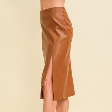 Faux Leather Midi Skirt in Brown