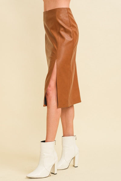 Faux Leather Midi Skirt in Brown