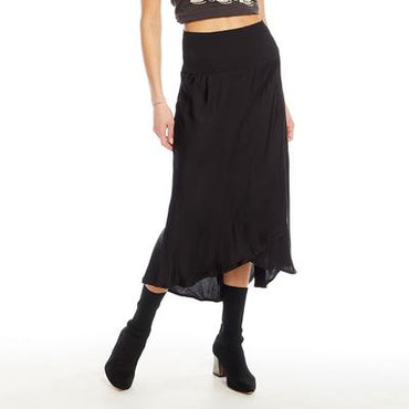 Chaser silky basics smocked waist faux wrap midi skirt