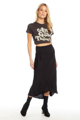 Chaser silky basics smocked waist faux wrap midi skirt